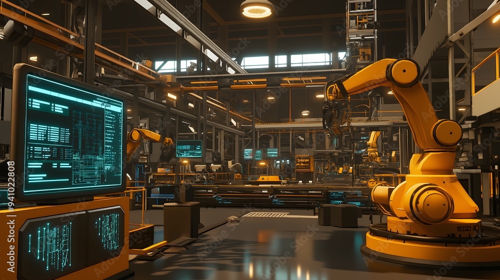 Poster Futuristic Automated Factory with Robotic Arms