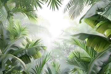 Lush green tropical foliage enveloped in misty ambiance.