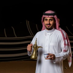 Saudi man holding dallah and pours Arabic coffee to guests in guest room
