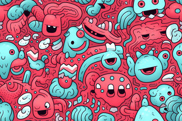 Naklejka premium Seamless pattern with cartoon monsters in blue and red colors.