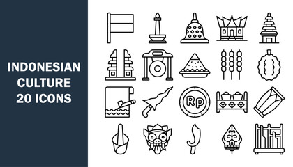 Set of 20 outline icons related to indonesia travel label landmarks tourism and traditional culture. Vector illustration.