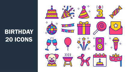 Set of 20 outline colour icons related to birthday equipment. Vector illustration.