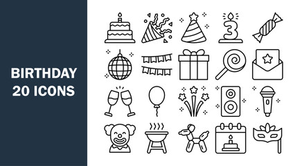 Set of 20 outline icons related to birthday equipment. Vector illustration.