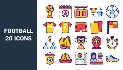 Set of 20 outline colour icons related to football. Vector illustration.
