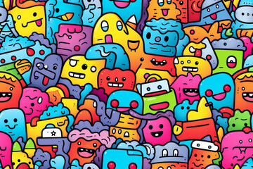 Obraz premium Seamless pattern with colorful doodle monsters and funny cartoon characters.