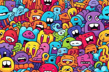 Seamless pattern with colorful doodle cartoon monster characters on a white background.