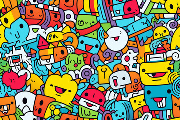 Seamless pattern with colorful doodle characters and objects.