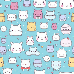 Fototapeta premium Seamless pattern with cute cartoon animal faces on a light blue background.