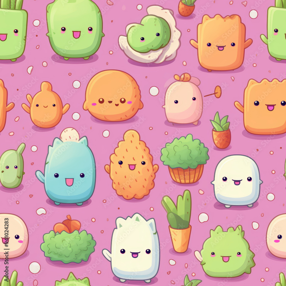 Poster seamless pattern with cute cartoon characters in different shapes, colors and with smiling faces.