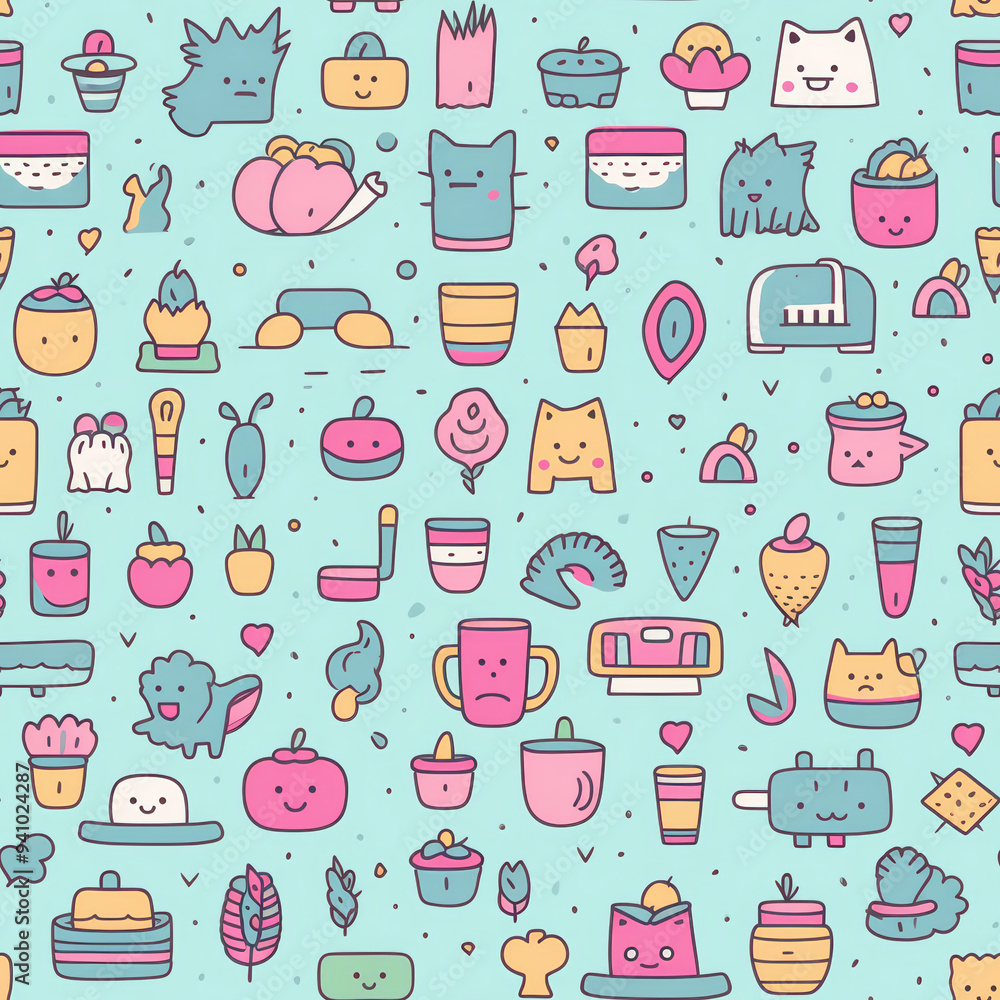 Poster seamless pattern with cute cartoon characters and objects on a blue background.