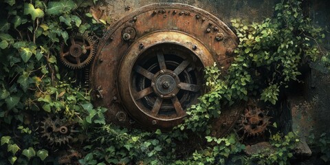 Rusty gears overgrown with green foliage.