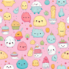 Seamless pattern with cute cartoon characters on pink background.