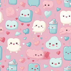 Seamless pattern with cute cartoon characters, hearts, and clouds on pink background.