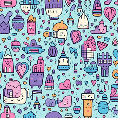 Seamless pattern with cute cartoon characters, hearts, and geometric shapes on a blue background.