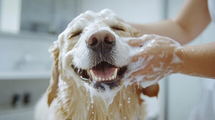 Pet grooming service team washing a happy dog in animal salon.
