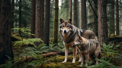 Obraz premium Forest scene with standing wolf pack 