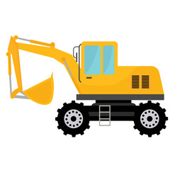 Yellow excavator flat vector illustration isolated on white background, heavy construction equipment, excavator digger machine clip art