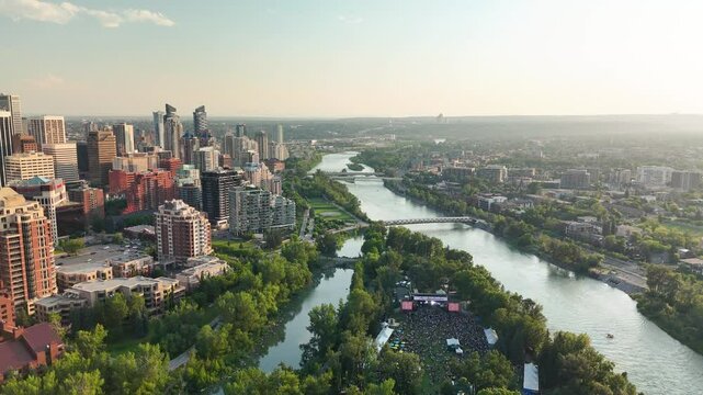 Aerial view of Calgary skyline at sunset, Alberta - Canada