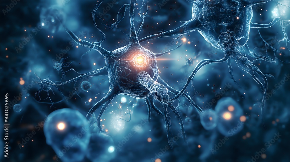 Poster glowing neuron network: brain activity visualization