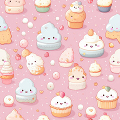 Seamless pattern with cute cartoon cupcakes, hearts, and clouds on pink background.