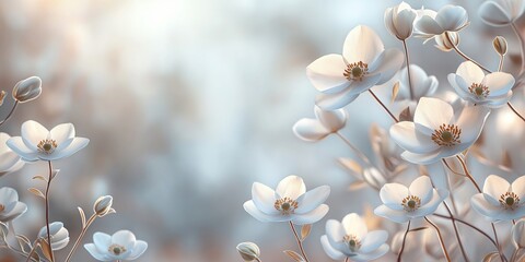A serene abstract background featuring delicate white anemone flowers against a soft, light backdrop with ample copy space