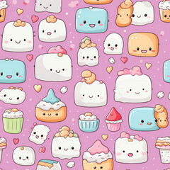 Obraz premium Seamless pattern with cute cartoon desserts on a pink background.