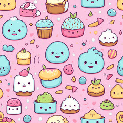 Seamless pattern with cute cartoon desserts on a pink background.