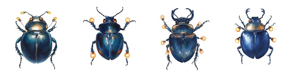 A collection of detailed illustrations showcasing various beetle species with vibrant colors and unique features.
