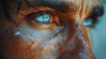 Closeup of a Christian cross reflected in a woman's eye. A man contemplates faith in Jesus Christ, His sacrifice, and the blessings of grace and forgiveness as a devout believer.
