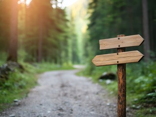 Fototapeta premium A wooden signpost with two blank arrows stands at the edge of a winding forest path, bathed in the warm glow of the setting sun.
