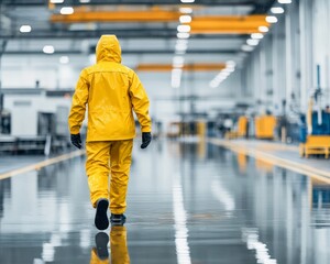 Obraz premium A worker in a yellow rain suit walks through a clean industrial facility, highlighting safety and professionalism in the workplace.