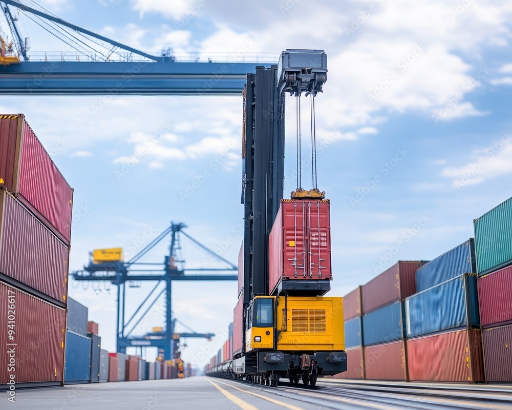 Poster a yellow container crane lifts a shipping container at a busy port. the crane is surrounded by rows 