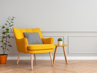 A yellow armchair with a grey pillow and a small side table with a potted plant in a modern living room.