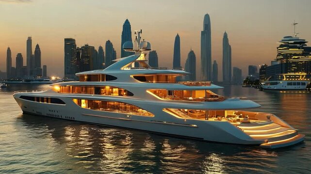 A large cruise ship is sailing in the ocean near a city