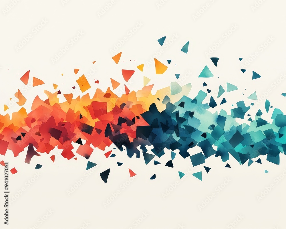Poster abstract background with colorful geometric shapes scattered on white background.
