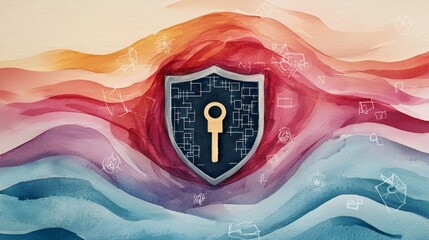 Obraz premium Abstract digital art depicting a shield with a keyhole against a colorful background. Represents data security, protection, or privacy.