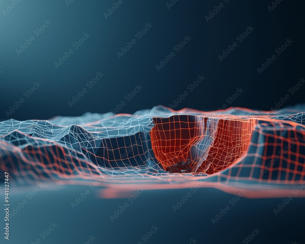 Poster abstract digital landscape with glowing red sphere in a wireframe grid. futuristic technology backgr