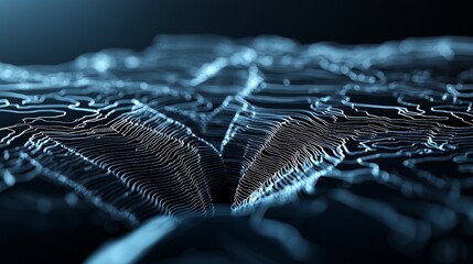 Abstract digital landscape with blue and black color, glowing light, smooth textured surface.