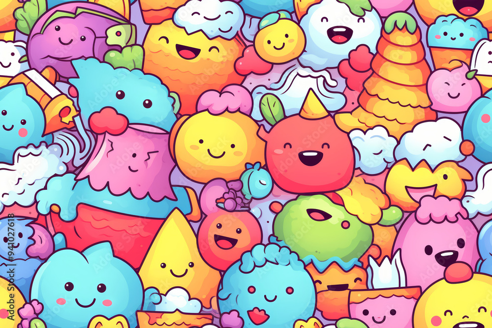 Poster seamless pattern with cute doodle characters in different colors and shapes.