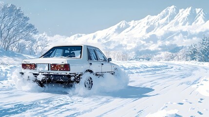 Car Losing Control on Snowy Mountain Road in Winter Landscape