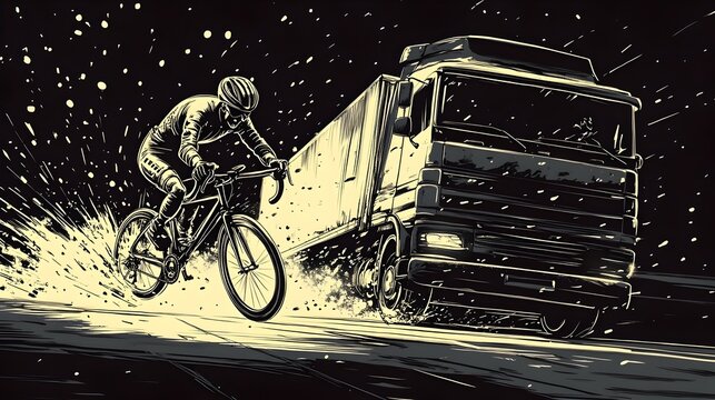 Cyclist Sideswiped by Truck on Monochrome Road in Abstract Line Art Style