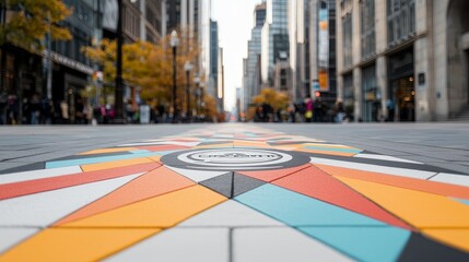 Colorful geometric pavement design in a modern city street, with buildings and autumn trees lining the background for a vibrant scene.