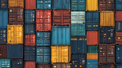 Fototapeta premium Stacked colorful shipping containers arranged in a dense grid pattern for cargo transport and logistics.
