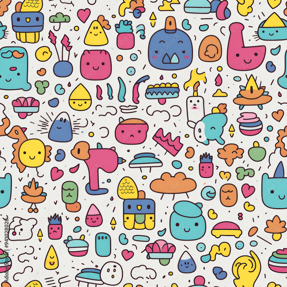 Poster seamless pattern with cute hand drawn doodle characters and objects in various colors on white backg