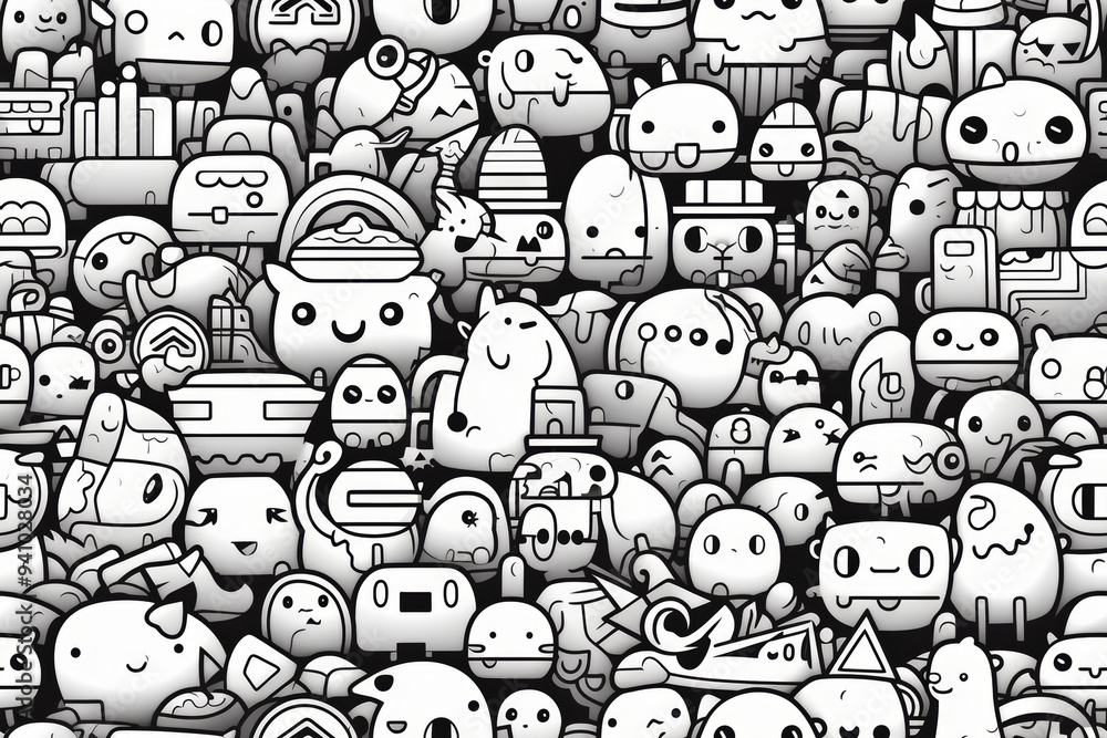 Poster seamless pattern with cute doodles of various creatures, objects, and abstract shapes in black and w