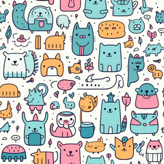 Seamless pattern with cute hand-drawn animals, flowers, and objects on a white background.