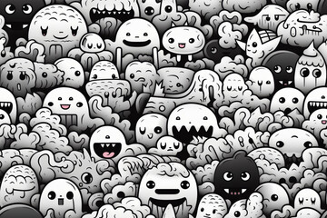 Seamless pattern with cute doodle monsters in black and white.