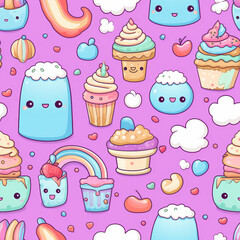 Seamless pattern with cute kawaii cupcakes, clouds, rainbow, cherries and other sweets on a pink background.