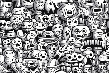 Naklejka premium Seamless pattern with funny cartoon monsters, aliens, and other doodle elements.