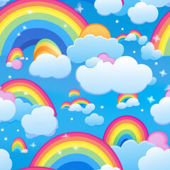 Seamless pattern with rainbows, clouds, and stars on a blue background.
